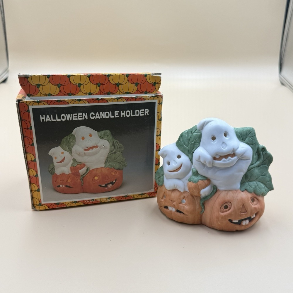 Vintage Halloween Ceramic Lighted Ghost Pumpkin w Box Jackolantern Retro 1990s